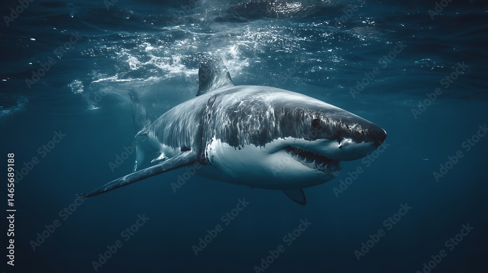 Fototapeta premium 青い海を泳ぐホホジロザメ