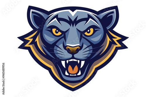 Stylized blue panther head shows sharp teeth and glaring yellow eyes menacingly