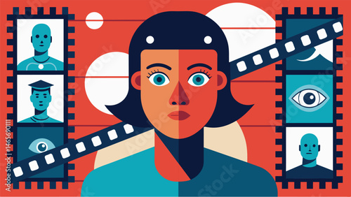 A film strip with a persons face in each frame representing the constant surveillance and tracking of personal data in the digital world.. Vector illustration
