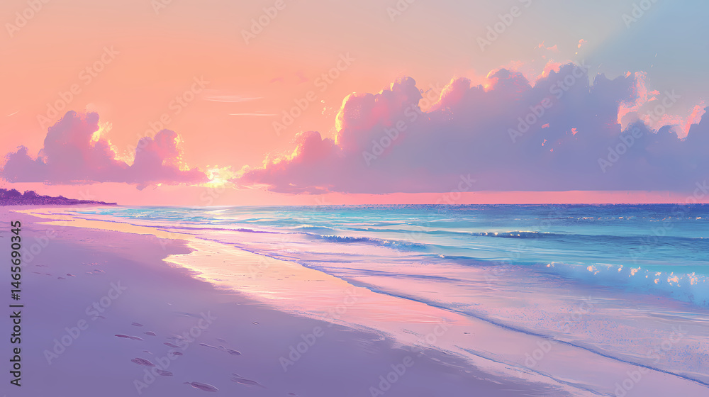 Fototapeta premium Pastel sunrise hues illuminate cancun beach, soft sand , hues, sky, background. [Solar Echoes] | Dawn Spectrum | sunrise hues. Illustration