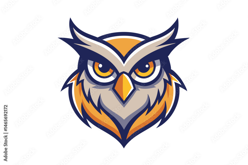 Fototapeta premium Majestic stylized owl head with yellow eyes stares intensely on white background