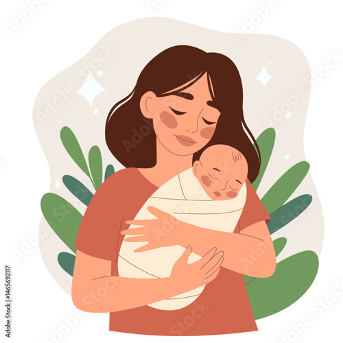 Loving mother holding her newborn baby. Tender embrace, motherhood concept. Vector illustration for family, parenting and baby care themes, Mother's Day concept. Isolated background