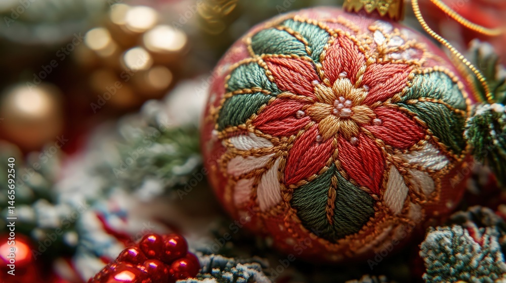 Fototapeta premium Ornate Christmas ornament with embroidered poinsettia design.