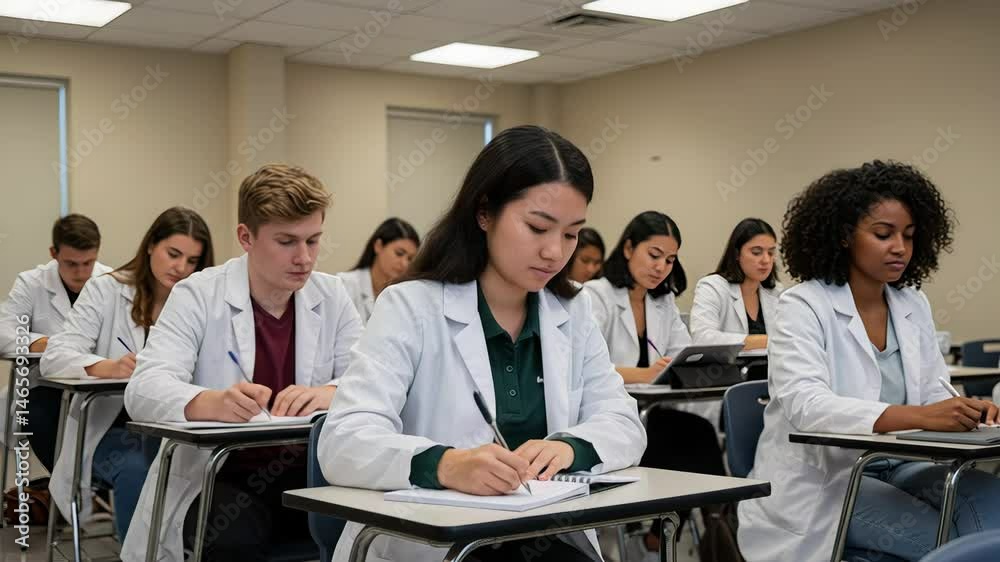 A group of students in lab coats is attentively taking notes in a classroom setting, focusing on their studies. The atmosphere reflects dedication and academic pursuit in a medical context A group of students in lab coats is attentively taking notes in a classroom setting, focusing on their studies. The atmosphere reflects dedication and academic pursuit in a medical context