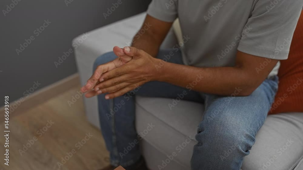 Young man sitting on a sofa in a living room with hands clasped wearing jeans and a t-shirt reflecting a casual home setting Young man sitting on a sofa in a living room with hands clasped wearing jeans and a t-shirt reflecting a casual home setting
