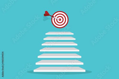 Goal, motivation to success. Climb up stairs to reach goal target on the top.