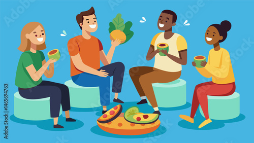 A group of friends sitting on plastic stools laughing and chatting over plates of baleadas topped with fragrant refried beans and thick slices of avocado.. Vector illustration
