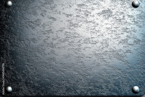 close-up of a textured metallic surface with a slightly brushed finish and four rounded screws at each corner reflecting light