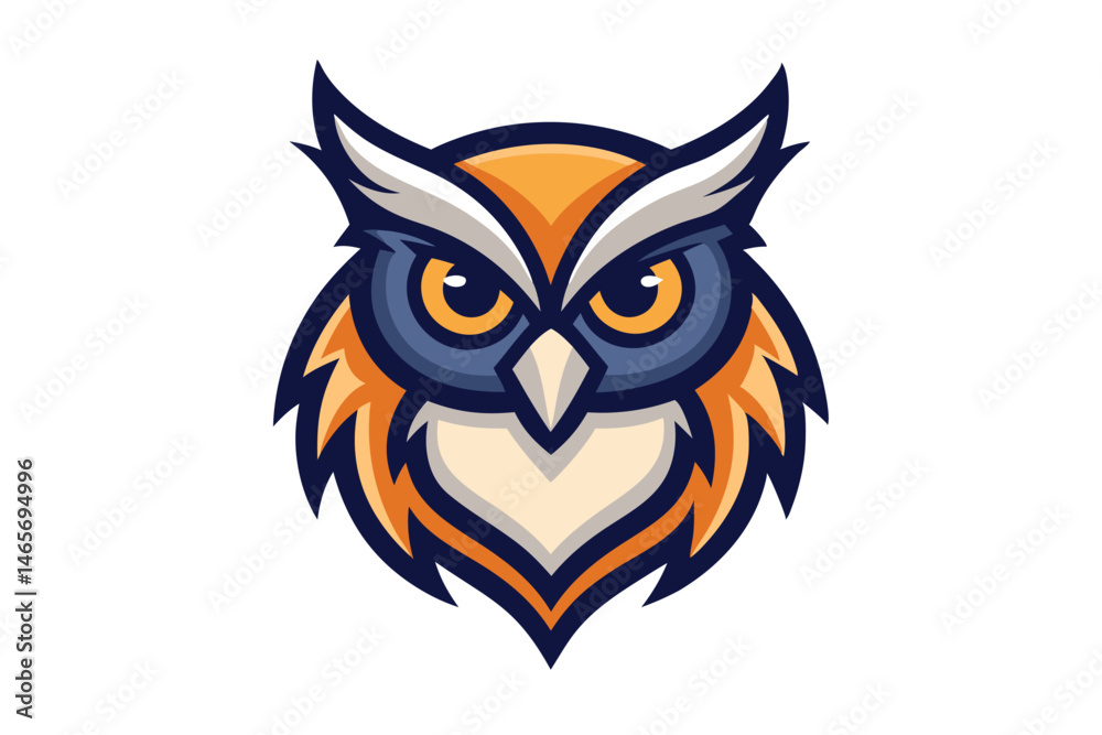 Fototapeta premium Illustrated owl head features striking blue and orange plumage with piercing golden eyes