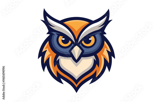 Illustrated owl head features striking blue and orange plumage with piercing golden eyes