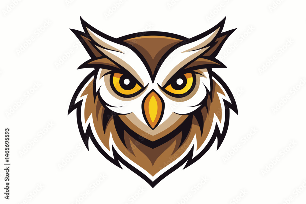 Fototapeta premium Stylized owl head with yellow eyes and brown plumage presents a modern mascot