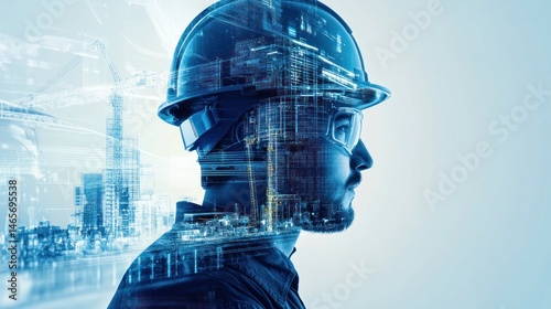 Construction Worker Profile with Cityscape Overlay for Engineering Concept
