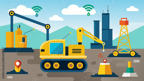 A construction company has fitted their fleet of heavy equipment with sensors that monitor oil levels and machine performance sending instant alerts to maintenance crews when. Vector illustration