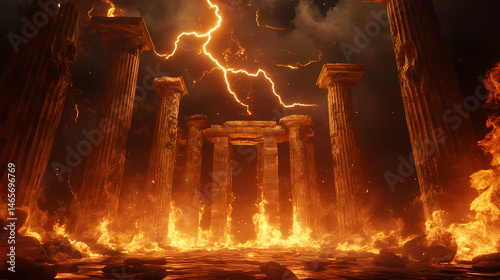 Ancient throne room with crumbling stone columns, striking lightning, and fiery torches. [Celestial Ruins] | Meteoric Ruins | fallen giant. Illustration
