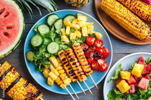 Grilled pineapple skewers with fresh salad and watermelon slices for healthy eating, catering, and food blog