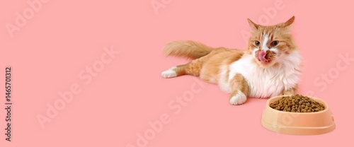 Cute cat lying near bowl of...