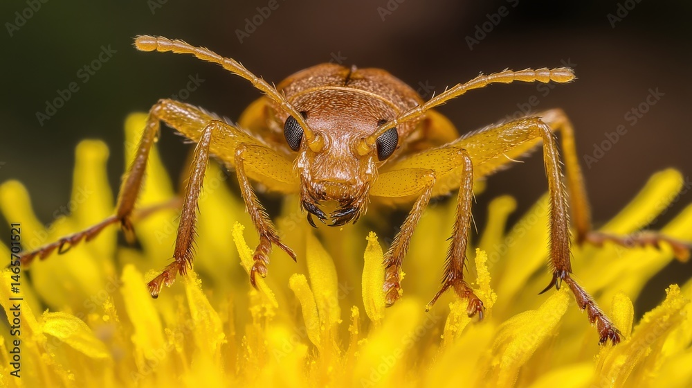 Fototapeta premium Close-up view of a beetle resting on a dandelion.