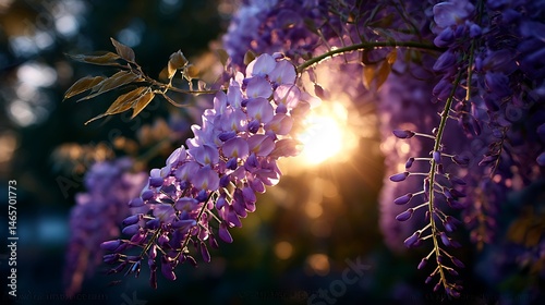 夕日と藤の花の幻想的な瞬間