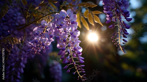 夕日と藤の花の幻想的な瞬間