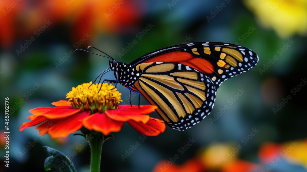 Vibrant monarch butterfly resting on a crimson flower. Vibrant monarch butterfly resting on a crimson flower.