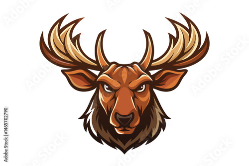 Cartoon moose head stares fiercely with its large brown antlers against a white backdrop