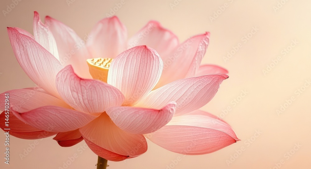 Close-up of a delicate pink lotus flower with translucent petals softly illuminated against a light peach background, evoking tranquility and grace Close-up of a delicate pink lotus flower with translucent petals softly illuminated against a light peach background, evoking tranquility and grace