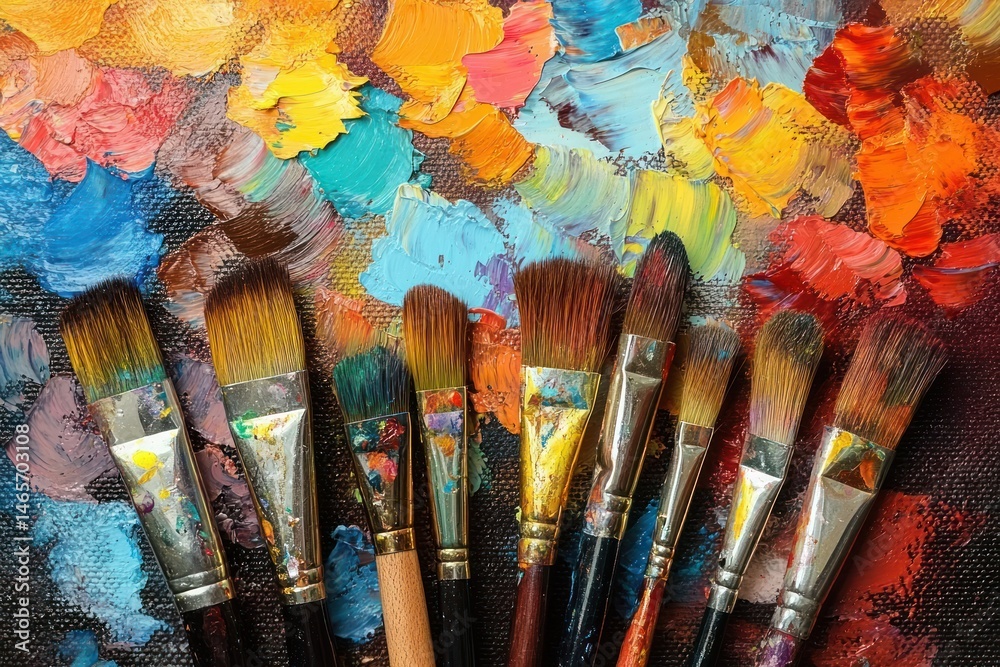 Obraz premium A row of nine paintbrushes with stained bristles and handles laid on a colorful textured palette of mixed oil paints in bright hues