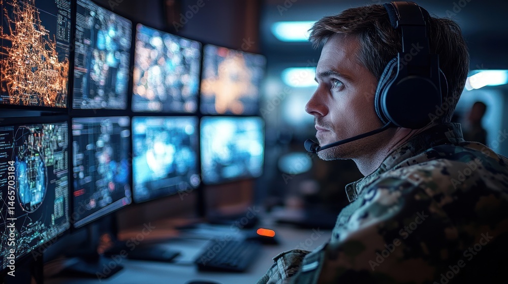 Focused soldier wearing headset monitors multiple digital maps and data screens in a dimly lit command center Focused soldier wearing headset monitors multiple digital maps and data screens in a dimly lit command center