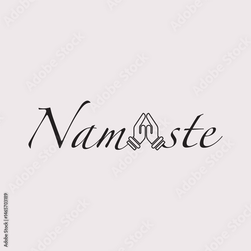 Namaste logo design, hand showing in a indian traditional style on a white gray background.