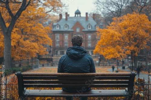 Student Reflects Alone on a Campus Bench Overlooking Historic Buildings in the Afternoon Sun