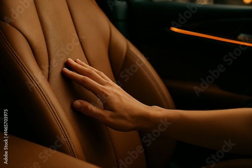 Hand touching premium leather car seat under ambient showroom lighting