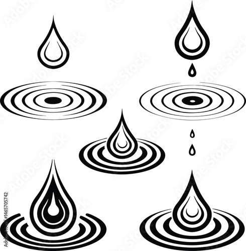  Black and White Water Drop and Ripple Icons Set 