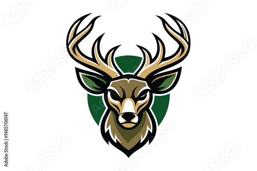 Majestic deer head with golden antlers set against a forest green backdrop evokes strength