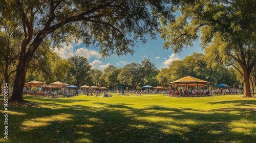Crowd of people gathered under multiple wooden gazebos surrounded by large trees and open grassy field on a sunny day with blue sky and scattered clouds