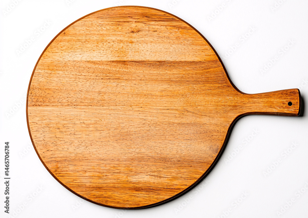 A wooden circular cutting board with a handle sits on a white surface ready for food preparation use. A wooden circular cutting board with a handle sits on a white surface ready for food preparation use.