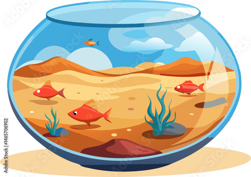 A round glass fishbowl filled with sand and water, containing several small red fish, some green plants, and a small rock.