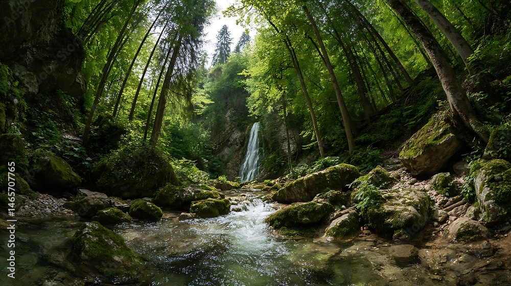 Fototapeta premium 緑豊かな森に囲まれた滝と渓流