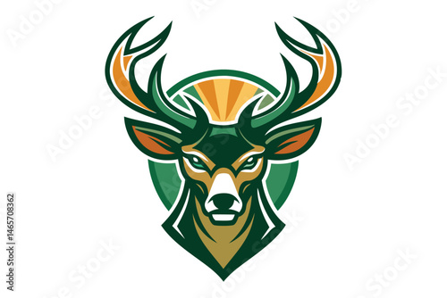 Striking stylized deer head logo sports featuring stylized antlers and green backdrop