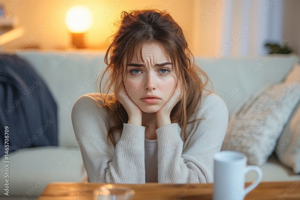 worried young woman with hands on her cheeks sitting on couch in cozy living room with warm lighting worried young woman with hands on her cheeks sitting on couch in cozy living room with warm lighting