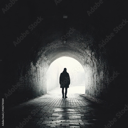 silhouette of a solitary person walking through a dark brick tunnel towards bright light outside