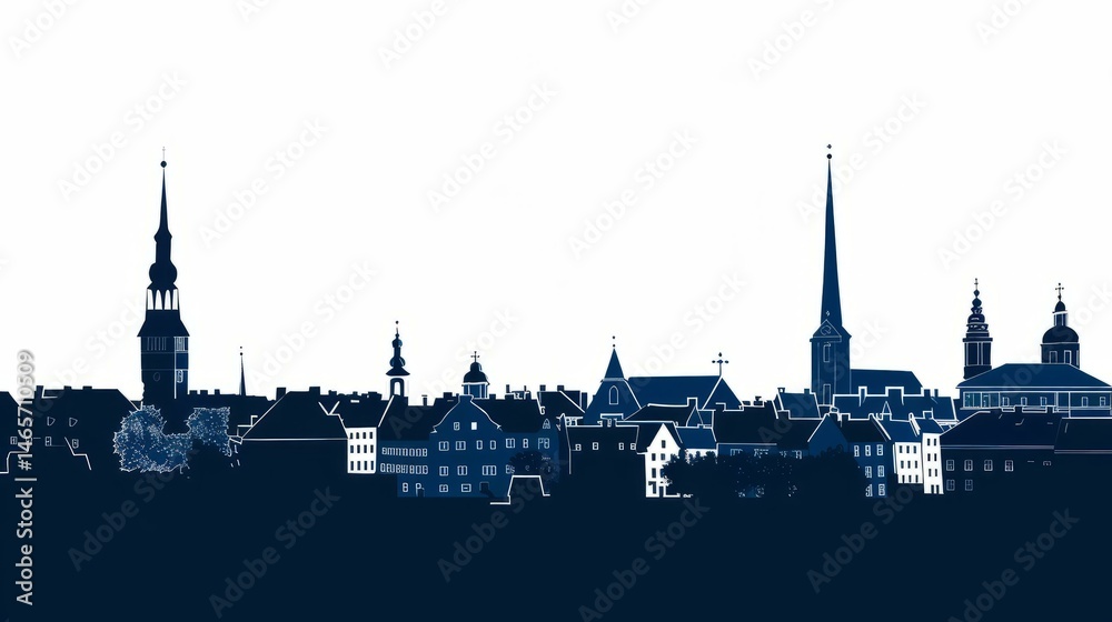Naklejka premium Tallinn skyline silhouette in navy blue capturing iconic Estonian architecture against crisp sky for travel promotion