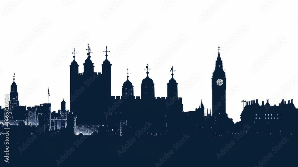 London skyline silhouette in navy blue showcasing iconic landmarks on a white background London skyline silhouette in navy blue showcasing iconic landmarks on a white background