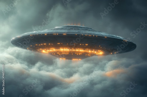 Futuristic metallic UFO glowing with warm lights hovering above dense clouds under an ominous stormy sky