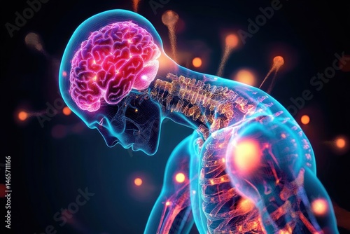 Digital illustration of a transparent human figure showing illuminated brain, spine, and skeletal structure with glowing particles in a dark background