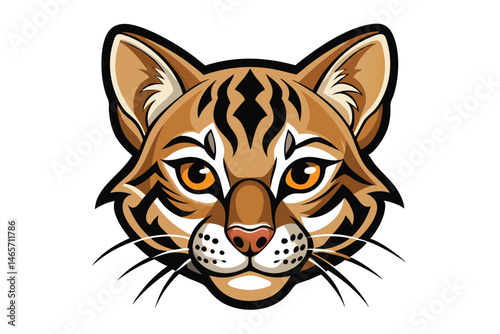 Stylized bobcat head features a detailed fur pattern and intense amber eyes