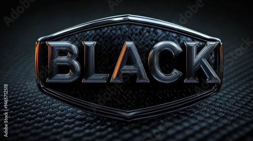 Close-up of a black textured metallic badge with the word black embossed in shiny silver letters on a dark woven surface