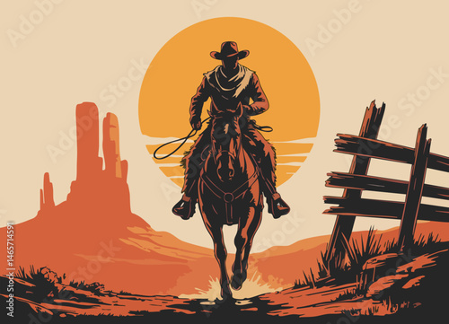 Bold Western Poster – Cowboy on Horseback Silhouetted Against Fiery Orange Sun with Rugged Desert Landscape and Classic Style