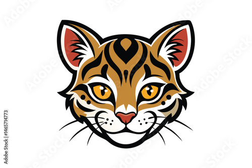 Illustrated bengal cat face exhibits striking yellow eyes and bold striped patterns on a white background
