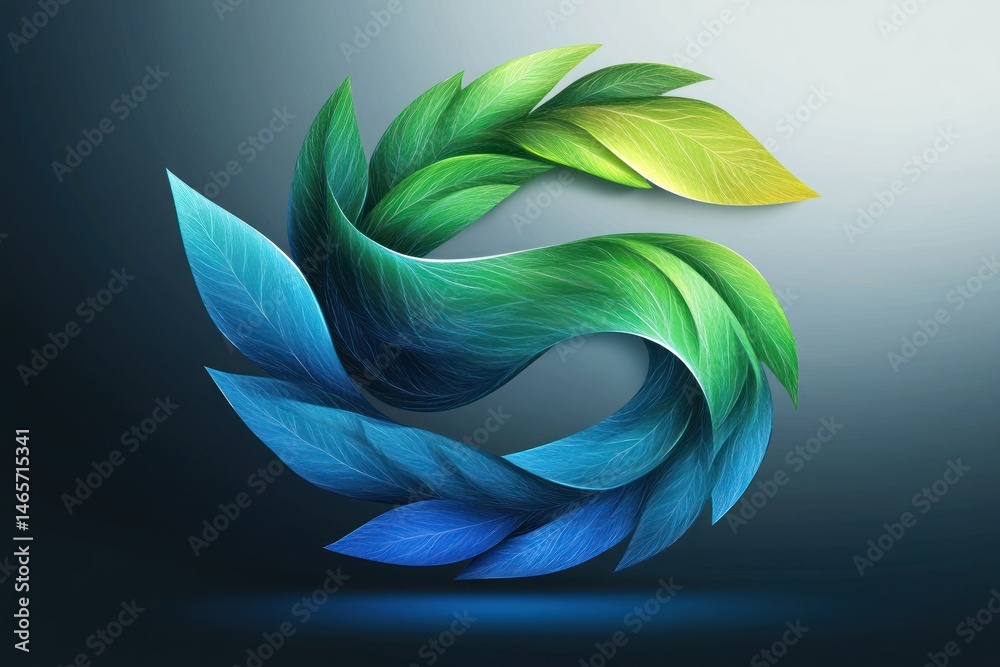 Obraz premium Abstract swirling arrangement of blue and green leaves forming a circular shape with dynamic gradients and soft lighting