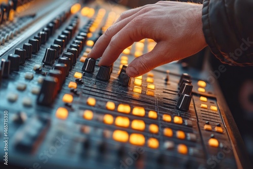 Hand adjusting knobs on a sound mixing console with illuminated orange buttons in a dimly lit environment